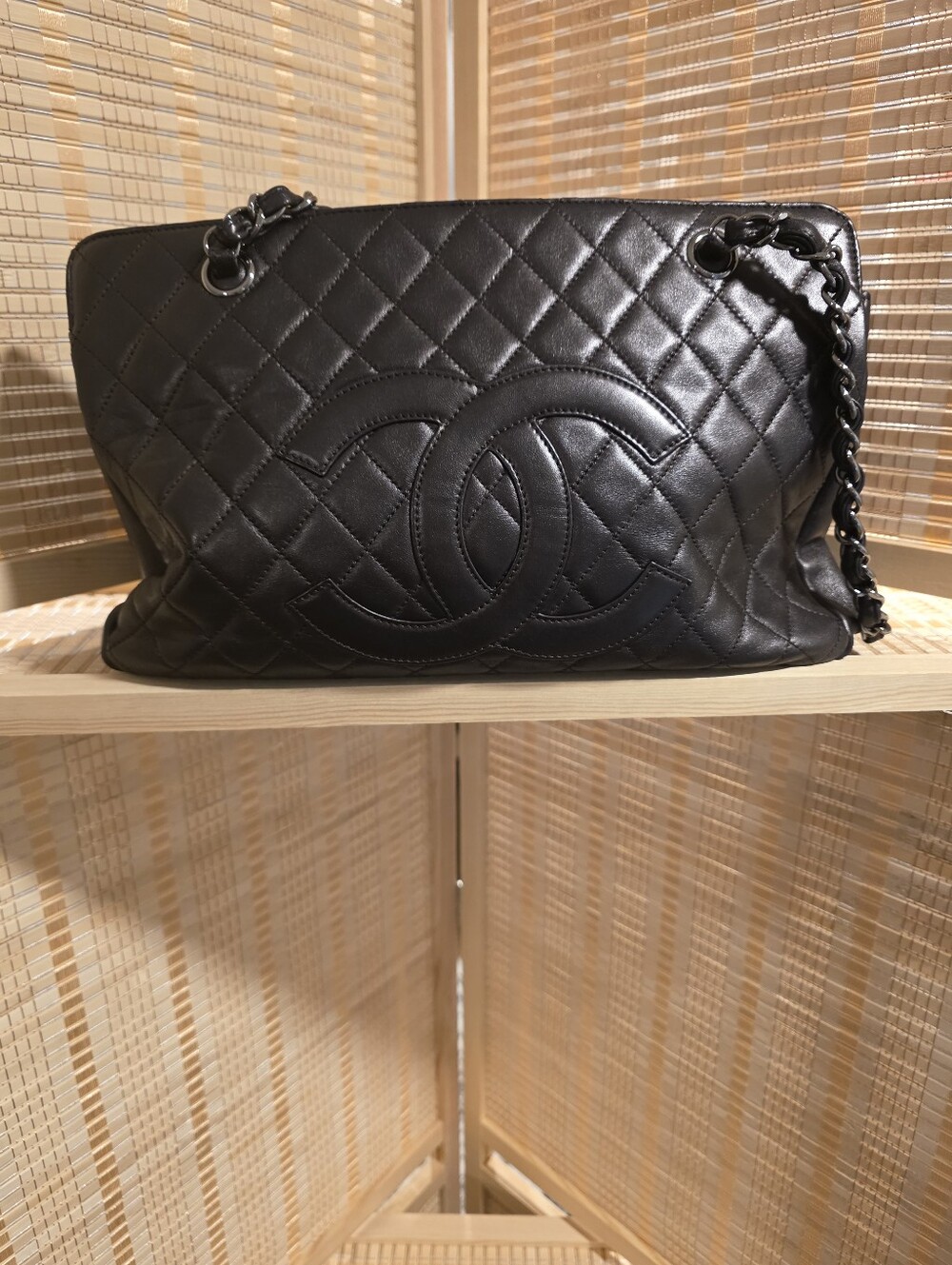 Authentic Chanel Metallic Dark Gray Mademoiselle Tote With Double Chain Strap